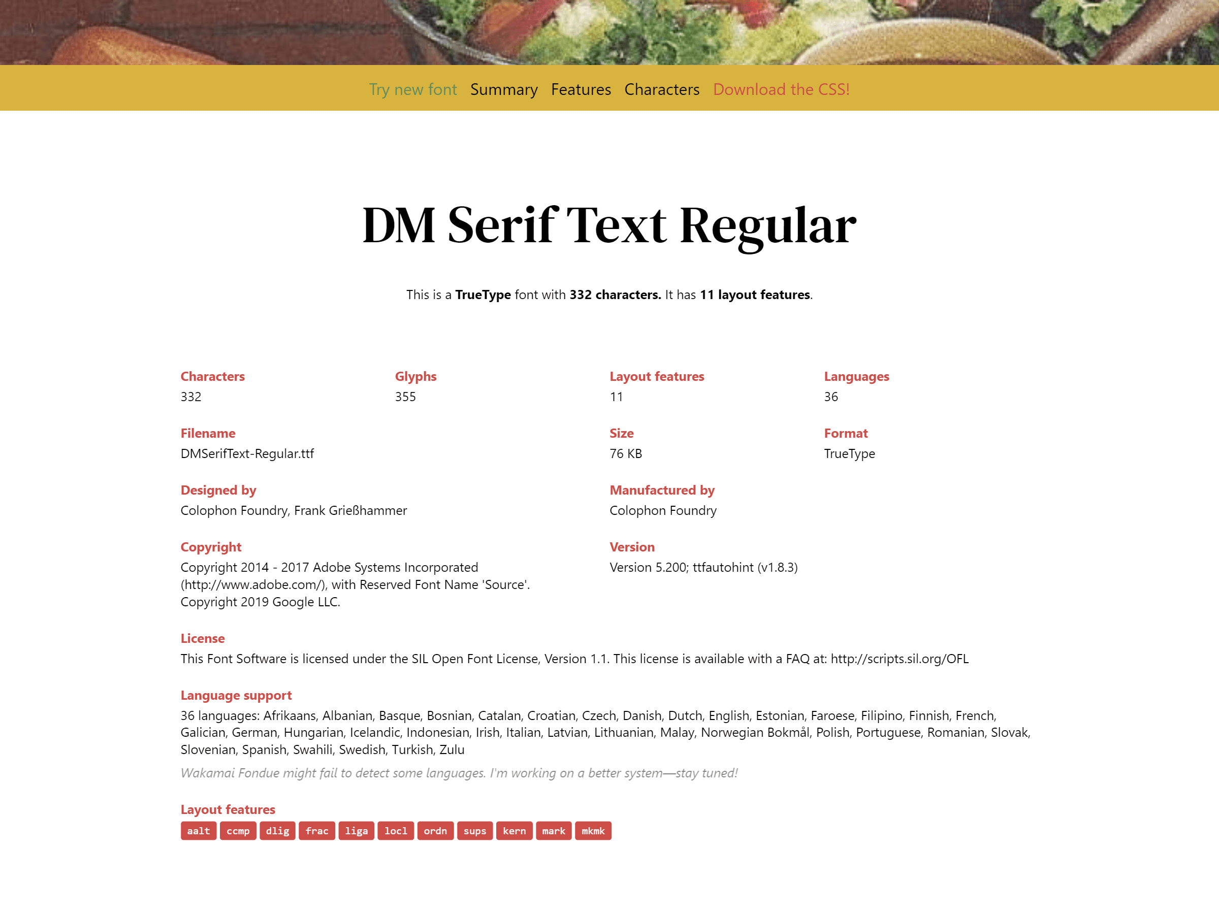 Details of DM Serif Text after uploading the font to Wakamai Fondue